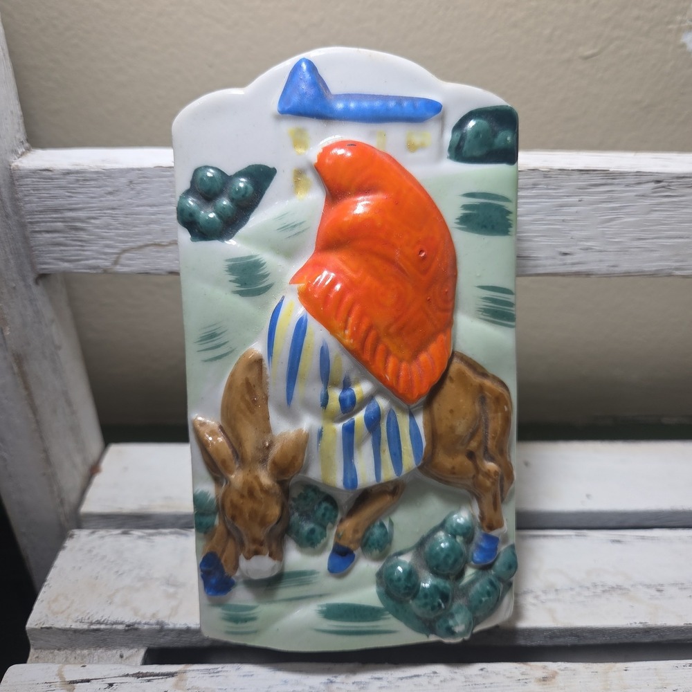 Vintage Japan Christmas Themed Mary Sitting Donkey Wall Pocket Religious Decor